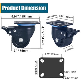 3 inch Low Gravity Center Caster Wheel, TESUMI Swivel Plate Heavy Duty Industrial Caster with Brake Nylon Wheel Set of 4 Load Capacity 4400lbs Low Profile Caster for Cart, Toolbox Workbenc-Black