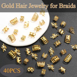 VENOFEN 40PCS Gold Hair Cuffs Braids Jewelry Multi Style Braid Clips Loc Dreadlock Accessories Metal Hair Rings Non-Piercing Ear Clips Hair Decoration for Women and Girls