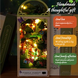 LetCart Wooden Bookend, Booknook Bookshelf Insert Forest of Fireflies DIY Book Nook Kit Miniature House Kits Wooden Bookends for Birthday Gift Adult