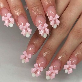 24Pcs Pink Bow Press on Nails Medium Almond Shaped False Nails White French Tip Fake Nails Glue on Nails Reusable Bow False Nails Glossy Full Cover Stick on Nails for Women Acrylic Manicure Salon