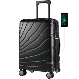 VANKEAN Carry On Luggage with Spinner Wheels & TSA Lock, Expandable Fashionable Hard Shell Suitcase airline approved，20 Inch Carry-On，Black