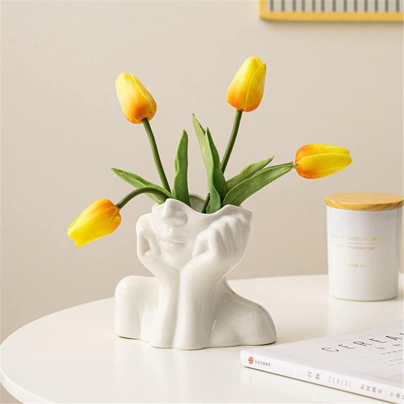 White Ceramic Face Vase - Flower Vase Desk Decor Female