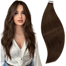RUNATURE Tape in Hair Extensions Human Hair 18 Inch Long Tape in Extensions Remy Hair Brown Seamless Glue in Hair Extensions Straight Full Ends Real Hair Tape on Extensions Brown Hair Soft Full Ends