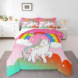 Kawaii Unicorn Queen Comforter Set - Girls Bedding with Rainbow Gradient Quilted Duvet, Stars, Musical Notes, Reversible Down Comforter, Multicolor 3Pcs