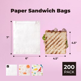 Fit Meal Prep 200 Pack Paper Sandwich Bags Sealable 7 x 6”, White Greaseproof Snack Bag, Food Grade Pastry Bag, Recyclable Small Paper Bags, Cookie Sleeves, Food Packaging for Bakery, Donut