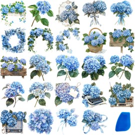 ZMRU 24 Sheets Vintage Rub On Transfers for Crafts, Cold IOD Transfers Stickers for Wood，Furniture Decals, Glass, Porcelain, Leather, Canvas, Fabric Projects,3 * 3inch(Blue Hydrangea)