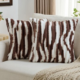 FUTEI Brown White Decorative Throw Pillow Covers 18x18 Inch Set of 2,Soft Tie-Dye Faux Rabbit Fur Striped Texture Cushion Case,Modern Home Decor for Couch Bed Living Room