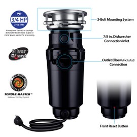 Waste Maid 10-US-WM-458-SL-3B Garbage Disposal Anti-Jam Stainless Steel Food Waste Grinding System, 3/4 HP Slim Line, Black