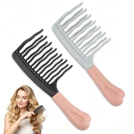 Paquete de 2 peines de dientes anchos para cabello rizado, peine portátil para rizos, cepillo desenredante con diente ondulado de doble capa para cabe