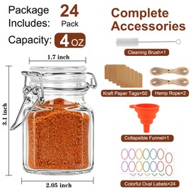 HINGWAH 24 Pack 4 oz Spice Jars, Small Airtight Glass Jars with Wire Clamp Lids for Spices, Herbs, Honey, Kitchen Organization, Crafts & Gifts, Includes Labels, Funnel, Twine, Tags & Brush