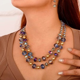 Wiwpar Layered Faux Faceted Pearl Bead Statement Necklace Crystal Wrap Strand Collar Bib Choker Necklace and Earrings Set for Women Girls