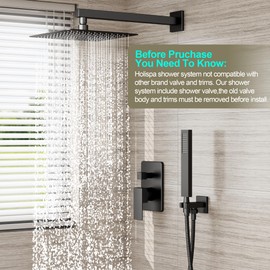 Holispa Black Shower System, Shower Faucet Set with 10-Inch Rain Shower Head and Handheld, Wall Mounted High-Pressure Shower Head Set, Shower Combo Set with Shower Valve and Shower Trim, Matte Black