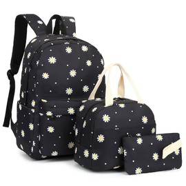 Cuayxox Flowers Girls Backpack for School, Kids Elementary School Bag Teens Middle Bookbag Set with Lunch Box Pencil Case (Daisy Black)