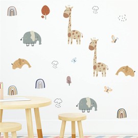 Boho Rainbow Giraffe Elephant Wall Decal Animals Baby Nursery Wall Stickers Safari Nursery Kids Room Wall Decor
