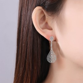 mecresh Luxury Tassel Crystal Teardrop Earrings Long Pageant Stud Chandelier Earrings for Prom Fashion Bikini Competition Jewelry, Zinc, Rhinestone