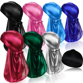 Dumrotite 7 Pieces Silky Durags with Long Tail and 1 Piece Satin Wave Cap, Pack Do Rags for Men 360 Waves