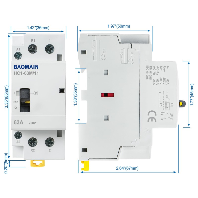 Baomain 220V AC 2-Pole Modular Contactor, 63A 1NO1NC Normally Open