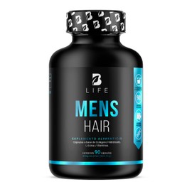 Mens Hair de 90 Cápsulas. Ingredientes naturales: Colágeno Hidrolizado, L Lysina, Zinc, B5, B6, Biotina y D3. Mens Hair B Life.