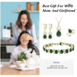 LMXXVJ Created Green Emerald Jewelry Set Yellow Gold Plated Earring Open Ring Necklace Bracelet Set Prom Mother’s Day Jewelry Gifts for Mom/Wife/Sister/Best Friend