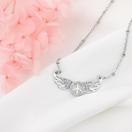 MUNORIAY Peace Sign Hippie Necklace: Peace Symbol with Colorful Wings Pendant Necklaces 1960s 1970s Hippie Party Accessories Jewelry for Women Men (Bright Silver)