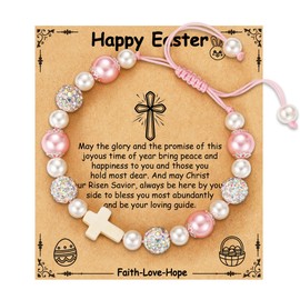 VULETO Easter Basket Stuffers Gifts for Girls, Pearl Beads Charm Cross Kawaii Bracelet Happy Tween Easter Basket Essentials Christian Religious Catholic Jewelry Gifts for Teens Teenage Kids Daughter Granddaughter Nieces Her Age