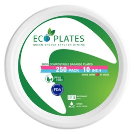 Ecoplates [50 Pack] 10-Inch Paper Plates 100% Compostable - Made from Sugarcane Fiber-Biodegradable-Disposable-PFAS Free-Natural White-Heavy-Duty Bagasse Party Dinner Plate. (10 Inch, 1, Count)