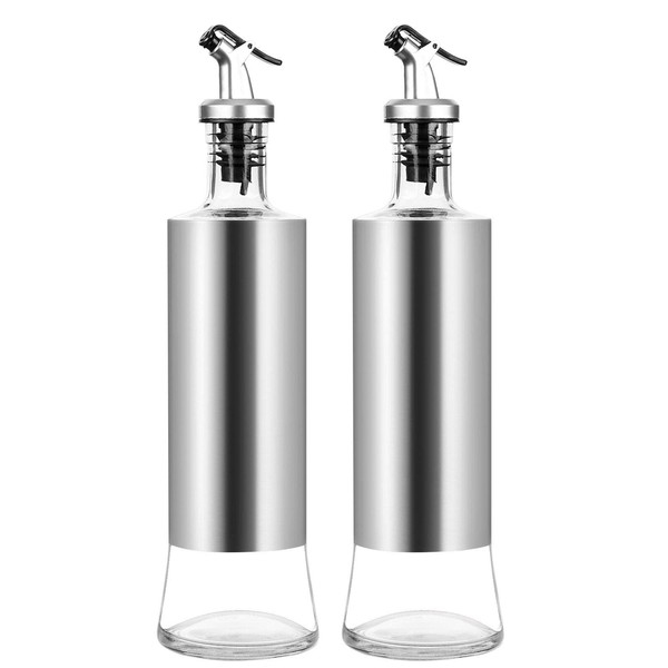 32nd Glass Olive Oil Vinegar Dispenser Bottle with with Plastic Lever Release Spout and Stopper Nozzle - 300ml - 2 Pack