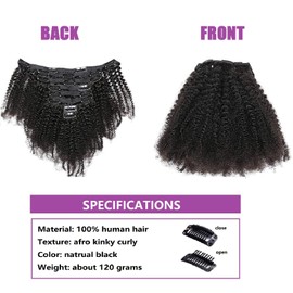 16 Inch Kinky Curly Hair with 18 Clips, 8A Remy Human Hair Clip-In Extensions, 8 Pieces/Set, Afro Kinky Curly Double Wefts for Black Women, Natural Colour, 120 g/Set