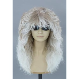 Xinhuanqi Wig Retro style for Men and Women, Rock Disco, Halloween Cosplay, Long Curly Punk Heavy Metal Rocker (Gradient Silver)