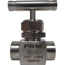 PRM 1/4 Inch Needle Valve, 304 Stainless Steel, Female NPT, 6000 PSI, PTFE Stem Seal, T-Design Handle, Temperature Range -65°F to 450°F for Fluid Control in Industrial Applications