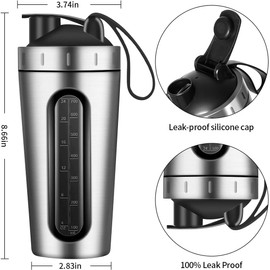 Protein Shaker Bottle, Silver 26oz Shaker Bottles for Protein Mixes and Pre Workout, Visible Window Stainless Steel Protein Shaker Cup with Shaker Ball, Reusable Gym Drink Shaker Cup