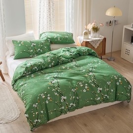 STYHO Floral Single Duvet Cover Sets Green Plum Blossom Flowers Bedding Set Soft Reversible Farmhouse Botanical Branch Printed Quilt Covers with Pillowcase(Green, Single)