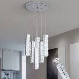 Vinilky 6-Lights Crystal Pendant Light with Remote, 3 Color Dimmable LED Hanging Light Height Adjustable Modern Pendant Ceiling Light Fixture for Kitchen Island, Dining Room, Living Room, Bedroom