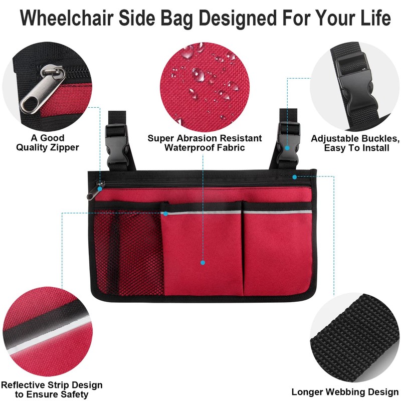 Wheelchair Side Organizer Storage Bag Armrest Pouch with Cup Holder