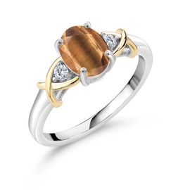 Gem Stone King 925 Silver and 10K Yellow Gold Brown Tiger Eye and White Lab Grown Diamond Ring For Women (1.33 Cttw, Gemstone Birthstone, Available In Size 5, 6, 7, 8, 9)
