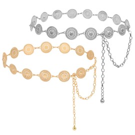 2 PCS Gold & Silver Hollow Out Daisy Chain Belt, Western Boho Chain Belts for Women, Vintage Openwork Long Buckle Waist Belt, djustable Boho Waist Chain, Women's Waist Chain