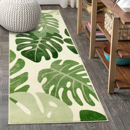 Lukinbox Leaf Hallway Runner Rugs Green Washable Bathroom Rugs, Extra Long Tropical Monstera Plant Non-Slip Throw Rug, Indoor Outdoor Accent Area Rugs for Kitchen Bedroom Laundry Room Entrance, 2x6ft