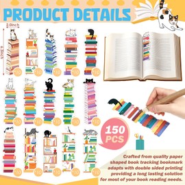 Kolldenn 150 Pcs Book Tracker Bookmarks Bulk 6.3 x 1.97 Inch Bookshelf Design Bookmarks Paper Book Tracking Bookmark Double Sided Reading Page Markers for Book Lovers Students School (Cat)
