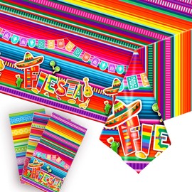 Qpout 3 Pieces Different Mexican Fiesta Tablecloth Disposable Plastic Table Covers for Cinco de Mayo Mexico Theme Party Supplies Floral Stripes Rectangle Table Covers（108 x 54 Inches）