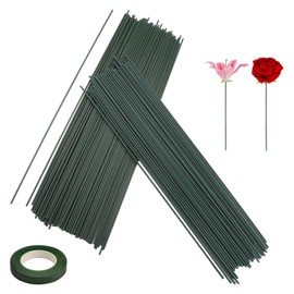 APOMOONS 150 Stück Blumendraht Grün Floristik, 2mm Blumenstamm Steckdraht Floristik mit 1 Floristenband, Floristendraht für handwerkliche Kränze Sträuße 30CM Lang