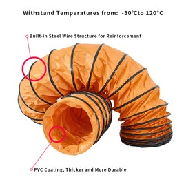 16FT Flexible Duct Hose PVC Flame Retardant Duct Hosing with S Hook & Steel Support for 12IN Utility Blower Exhaust Fan