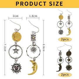 2 Pairs Of Sun Star Moon Earrings, Creative Style Earrings, Retro Metal Earrings, Long Pendant Earrings, Clothing Accessories