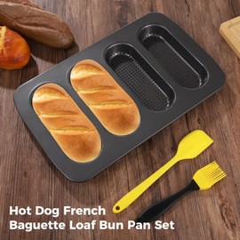 OMISTAR Hot Dog Bun Pan Set of 4-2 Pcs Carbon Steel Baguette Bread Pan Molds, Non-Stick Perforated French Bread Baking Pan With Scraper & Oil Brush For Homemade Bread Loaf Baking Tray