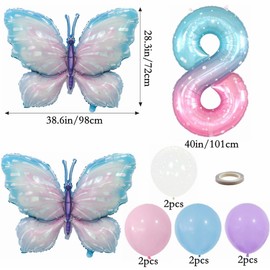 Kiwochy Gradient Pink Schmetterling Ballons 8. Geburtstag Dekoration Mädchen Deko 8 Jahre Schmetterling Geburtstag Party Set Riesige Bunte Schmetterling Folie Ballon für Schmetterling Party Supplies