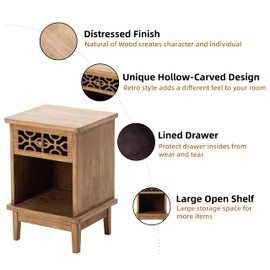 LONYKE Rustic Nightstand Solid Wood End Table, Retro Farmhouse Side Table with Hand Carved Front and Open Shelf, Natural