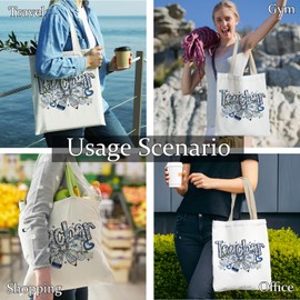 APJYM Coquette Blue Chinoiserie Bow Teacher Tote Bag, Teacher Appreciation Gifts Canvas Tote Bags for Women, Best Gifts for Teachers Reusable Grocery Shopping Bags