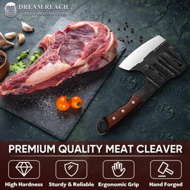 Dream Reach Meat Bone Cleaver - Knife for Meat Cutting, Handmade Heavy Duty Butcher Knife with Sheath, Hand Forged Full Tang Chopper for Kitchen, Outdoor Cooking and BBQ