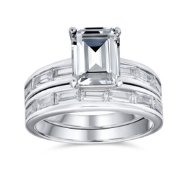 Personalize Traditional Art Deco Style 2CT Emerald Cut Baguette Wedding Band AAA CZ Anniversary Engagement Ring Set For Women .925 Sterling Silver Customizable