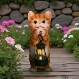 GKWRZXBK Solar Cat Garden Statue - Adorable Orange Tabby Figurine with Vintage Lantern for Outdoor Decor