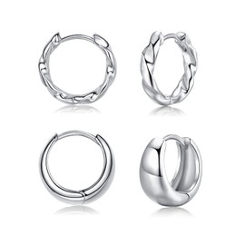 Silver Hoops Earrings for Women, 2 Pairs White Gold Chunky Twist Cartilage Huggie Hoop Earrings Set, Hypoallergenic Sterling Silver Post Small Sleeper Earring for Girls Men Gifts, 10mm